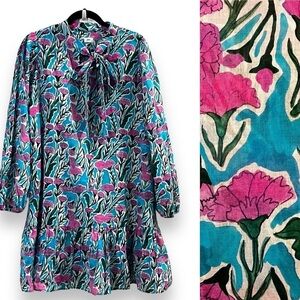 Warm NY Izzie Mini Dress Drop Waist Colorful floral print Tie Collar Medium